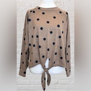 Mine Brown Navy Polka Dot Womens Sweater Tie Bottom Sz L Preppy Cozycore